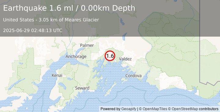 Earthquake 57 km NW of Tatitlek, Alaska (1.6 ml) (2025-06-29 02:48:13 UTC)