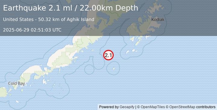 Earthquake 129 km WSW of Akhiok, Alaska (2.1 ml) (2025-06-29 02:51:03 UTC)