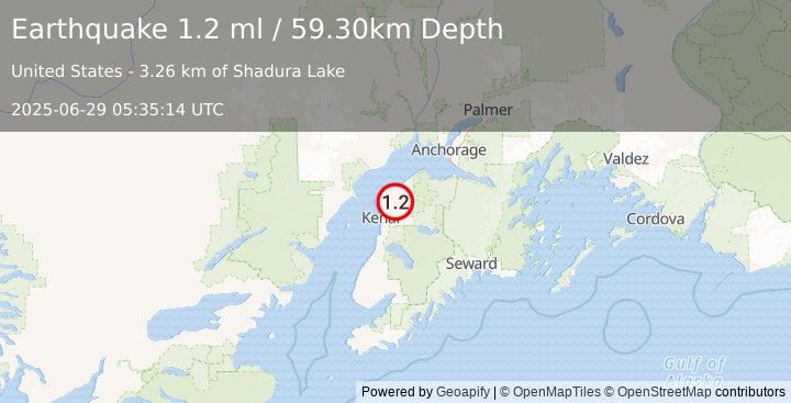 Earthquake 18 km E of Nikiski, Alaska (1.2 ml) (2025-06-29 05:35:14 UTC)