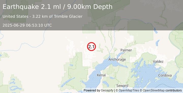 Earthquake 46 km SW of Skwentna, Alaska (2.1 ml) (2025-06-29 06:53:10 UTC)
