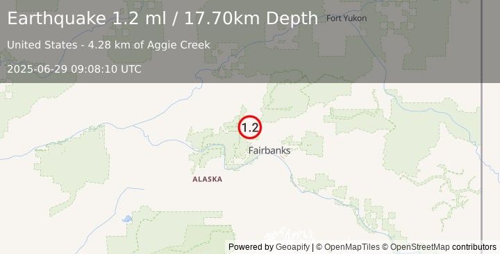 Earthquake 36 km NNW of Ester, Alaska (1.2 ml) (2025-06-29 09:08:10 UTC)