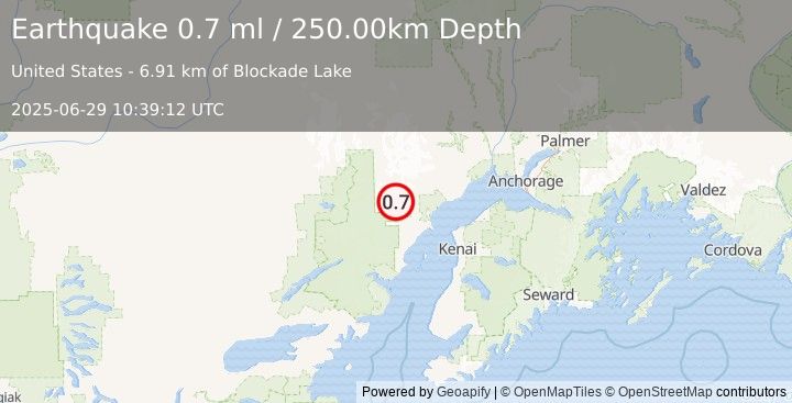 Earthquake 73 km W of Tyonek, Alaska (0.7 ml) (2025-06-29 10:39:12 UTC)