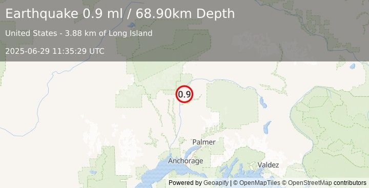 Earthquake 14 km NNE of Chase, Alaska (0.9 ml) (2025-06-29 11:35:29 UTC)