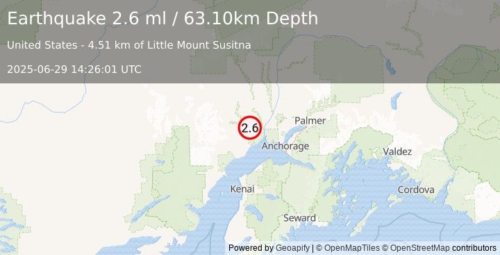 Earthquake 27 km WSW of Susitna, Alaska (2.6 ml) (2025-06-29 14:26:01 UTC)