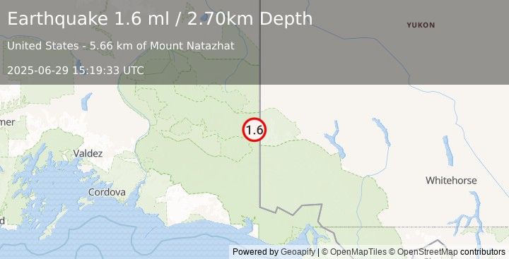 Earthquake 93 km E of McCarthy, Alaska (1.6 ml) (2025-06-29 15:19:33 UTC)
