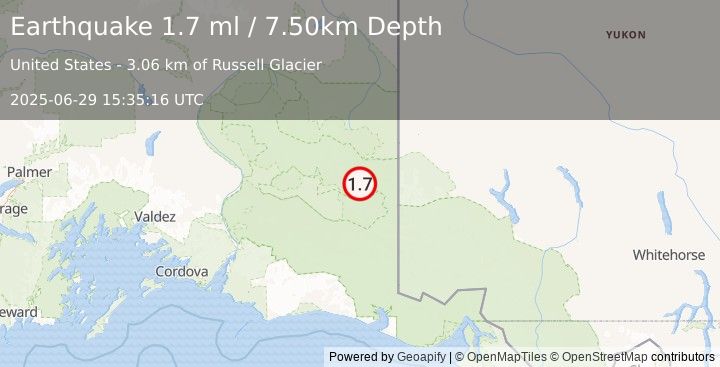 Earthquake 57 km E of McCarthy, Alaska (1.7 ml) (2025-06-29 15:35:16 UTC)