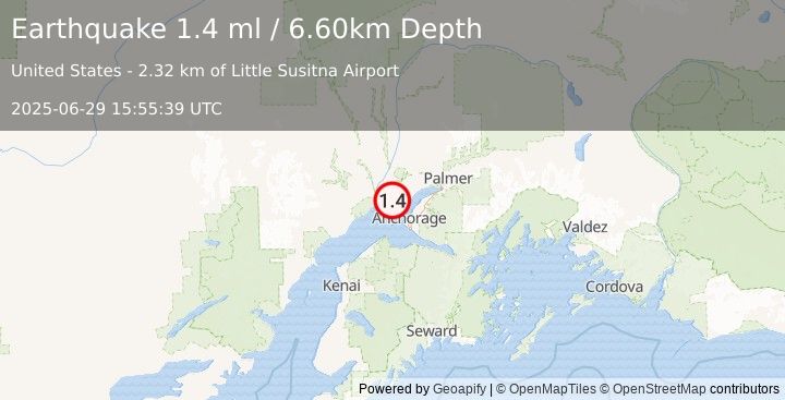 Earthquake 13 km WNW of Point MacKenzie, Alaska (1.4 ml) (2025-06-29 15:55:39 UTC)