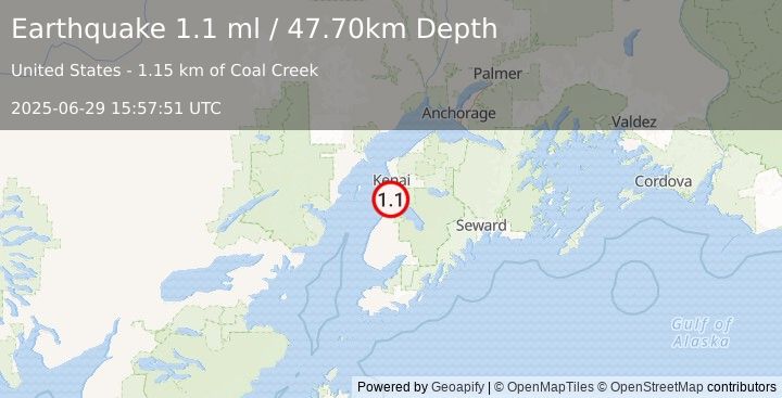 Earthquake 2 km ESE of Cohoe, Alaska (1.1 ml) (2025-06-29 15:57:51 UTC)