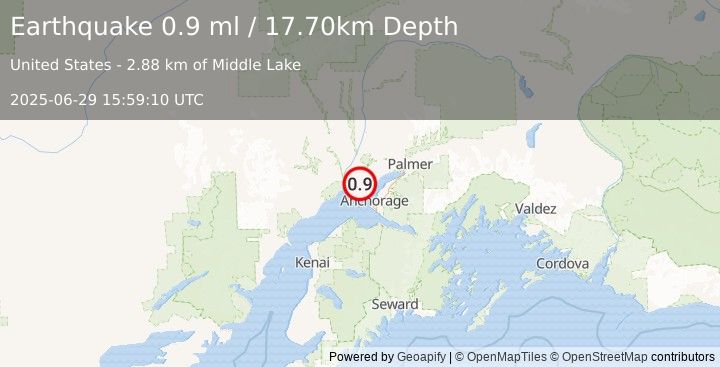 Earthquake 12 km WNW of Point MacKenzie, Alaska (0.9 ml) (2025-06-29 15:59:10 UTC)