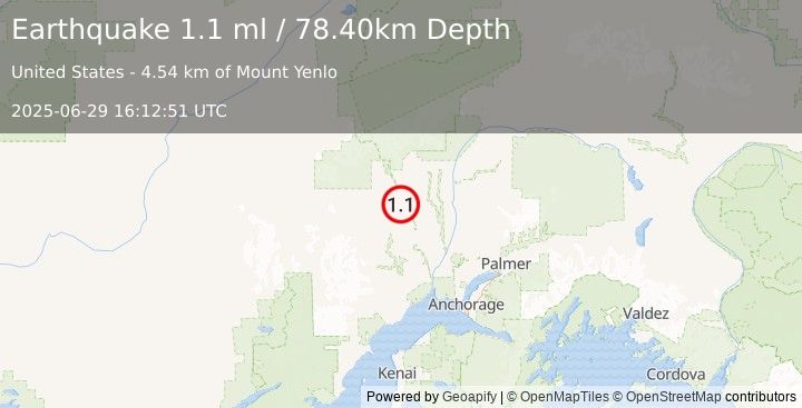 Earthquake 21 km NNE of Skwentna, Alaska (1.1 ml) (2025-06-29 16:12:51 UTC)