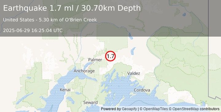 Earthquake 20 km WSW of Glacier View, Alaska (1.7 ml) (2025-06-29 16:25:04 UTC)