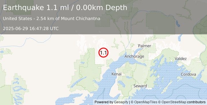 Earthquake 66 km WNW of Beluga, Alaska (1.1 ml) (2025-06-29 16:47:28 UTC)