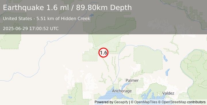 Earthquake 29 km WNW of Petersville, Alaska (1.6 ml) (2025-06-29 17:00:52 UTC)