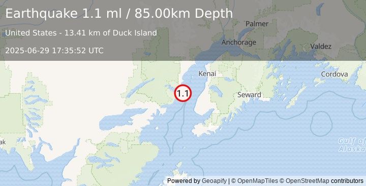 Earthquake 36 km WNW of Ninilchik, Alaska (1.1 ml) (2025-06-29 17:35:52 UTC)