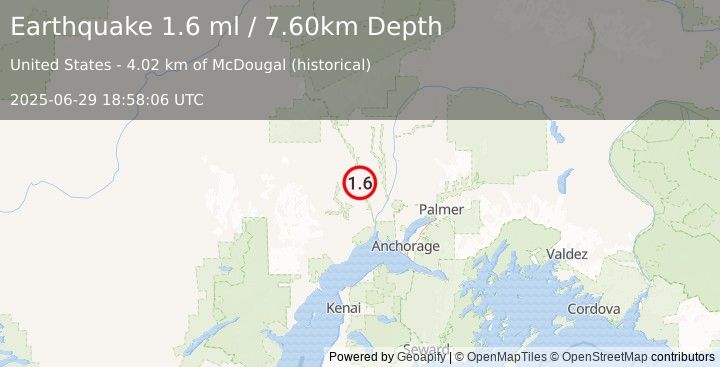 Earthquake 29 km ESE of Skwentna, Alaska (1.6 ml) (2025-06-29 18:58:06 UTC)
