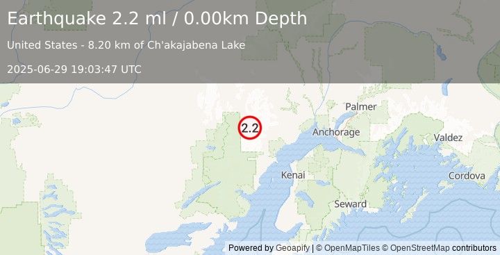 Earthquake 83 km WNW of Tyonek, Alaska (2.2 ml) (2025-06-29 19:03:47 UTC)
