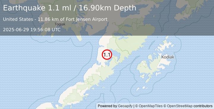 Earthquake 46 km SE of Egegik, Alaska (1.1 ml) (2025-06-29 19:56:08 UTC)