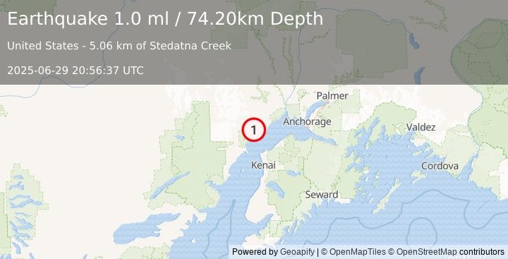 Earthquake 22 km W of Tyonek, Alaska (1.0 ml) (2025-06-29 20:56:37 UTC)