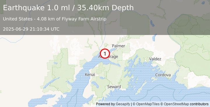 Earthquake 9 km WSW of Point MacKenzie, Alaska (1.0 ml) (2025-06-29 21:10:34 UTC)