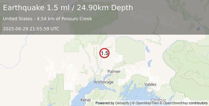 Earthquake 10 km N of Susitna North, Alaska (1.5 ml) (2025-06-29 21:55:59 UTC)