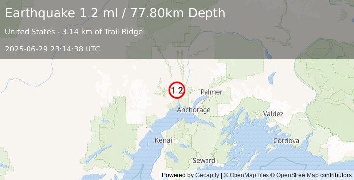 Earthquake 12 km NW of Susitna, Alaska (1.2 ml) (2025-06-29 23:14:38 UTC)