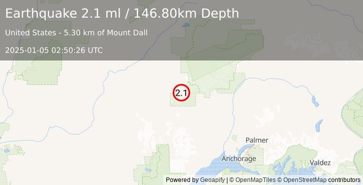 Earthquake 82 km NW of Skwentna, Alaska (2.1 ml) (2025-01-05 02:50:26 UTC)