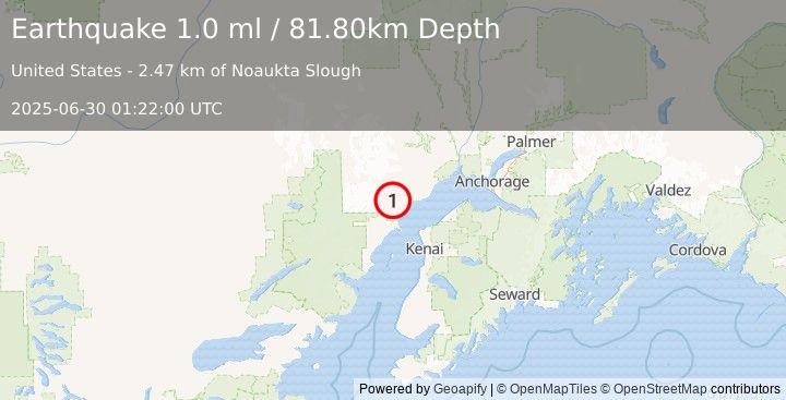Earthquake 40 km W of Tyonek, Alaska (1.0 ml) (2025-06-30 01:22:00 UTC)