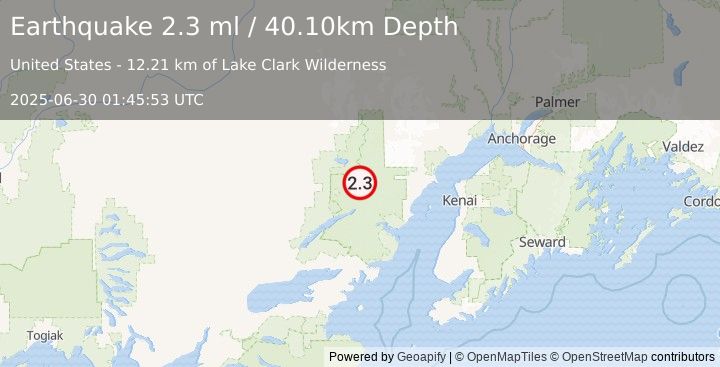 Earthquake 75 km NE of Port Alsworth, Alaska (2.3 ml) (2025-06-30 01:45:53 UTC)