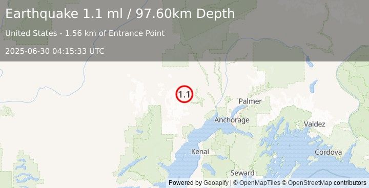 Earthquake 39 km SW of Skwentna, Alaska (1.1 ml) (2025-06-30 04:15:33 UTC)