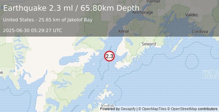 Earthquake 28 km WSW of Anchor Point, Alaska (2.3 ml) (2025-06-30 05:29:27 UTC)