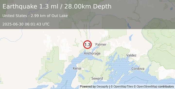 Earthquake 11 km ENE of Susitna, Alaska (1.3 ml) (2025-06-30 06:01:43 UTC)