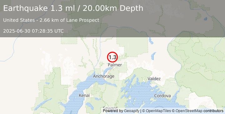 Earthquake 12 km N of Fishhook, Alaska (1.3 ml) (2025-06-30 07:28:35 UTC)