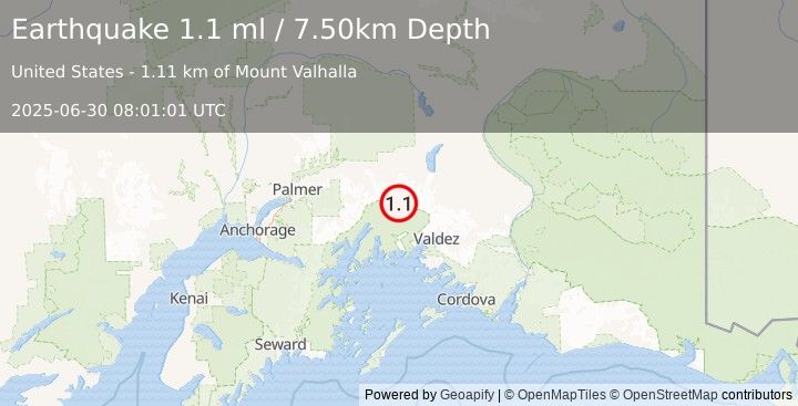 Earthquake 48 km SE of Glacier View, Alaska (1.1 ml) (2025-06-30 08:01:01 UTC)