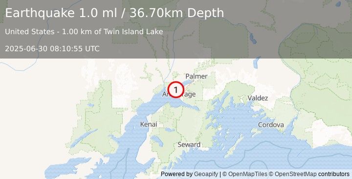 Earthquake 6 km SSW of Point MacKenzie, Alaska (1.0 ml) (2025-06-30 08:10:55 UTC)