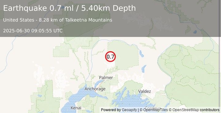 Earthquake 57 km ENE of Susitna North, Alaska (0.7 ml) (2025-06-30 09:05:55 UTC)
