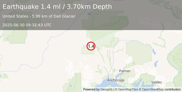 Earthquake 67 km W of Petersville, Alaska (1.4 ml) (2025-06-30 09:32:43 UTC)