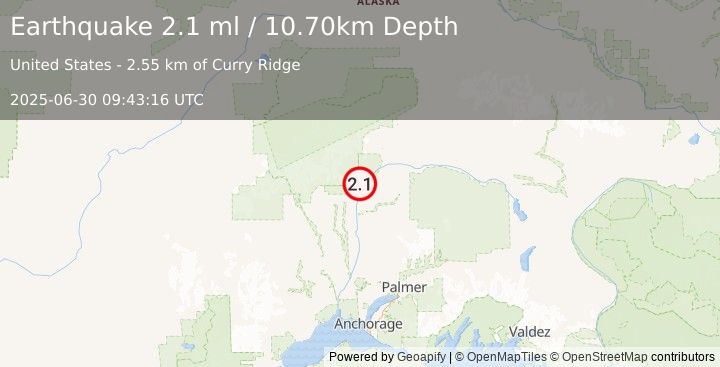 Earthquake 23 km N of Chase, Alaska (2.1 ml) (2025-06-30 09:43:16 UTC)