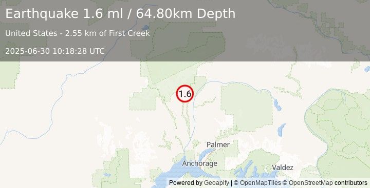 Earthquake 17 km NE of Petersville, Alaska (1.6 ml) (2025-06-30 10:18:28 UTC)