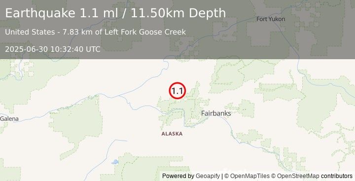 Earthquake 12 km NNW of Minto, Alaska (1.1 ml) (2025-06-30 10:32:40 UTC)
