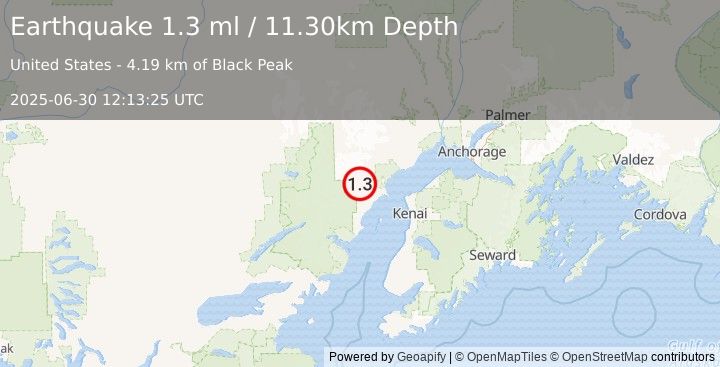 Earthquake 61 km WNW of Nikiski, Alaska (1.3 ml) (2025-06-30 12:13:25 UTC)