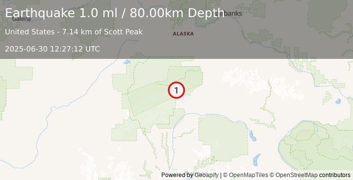 Earthquake 52 km W of Cantwell, Alaska (1.0 ml) (2025-06-30 12:27:12 UTC)