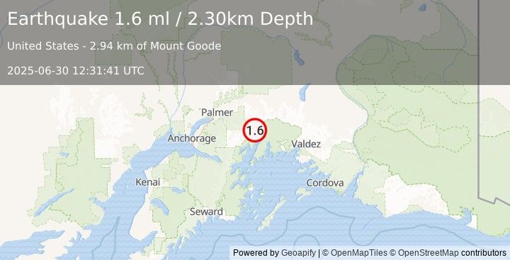 Earthquake 54 km ESE of Knik River, Alaska (1.6 ml) (2025-06-30 12:31:41 UTC)