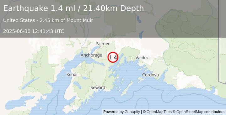 Earthquake 42 km NNE of Whittier, Alaska (1.4 ml) (2025-06-30 12:41:43 UTC)