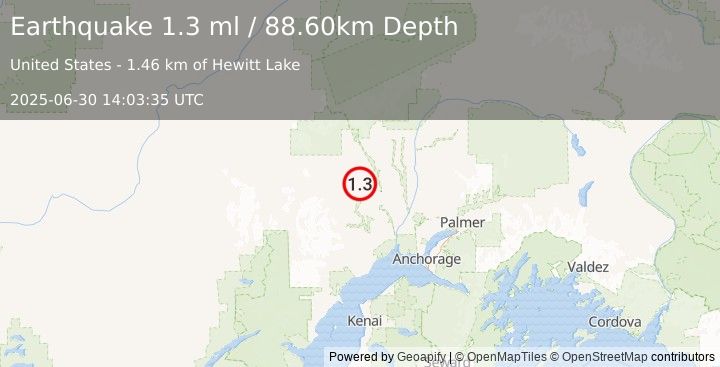 Earthquake 2 km ENE of Skwentna, Alaska (1.3 ml) (2025-06-30 14:03:35 UTC)