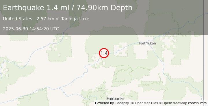 Earthquake 36 km NE of Stevens Village, Alaska (1.4 ml) (2025-06-30 14:54:20 UTC)