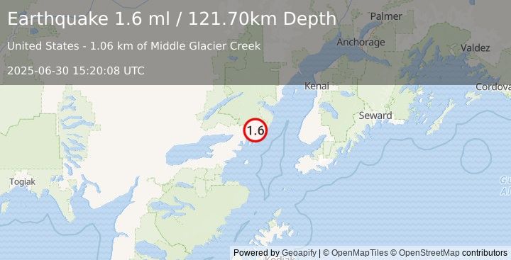 Earthquake 54 km E of Pedro Bay, Alaska (1.6 ml) (2025-06-30 15:20:08 UTC)