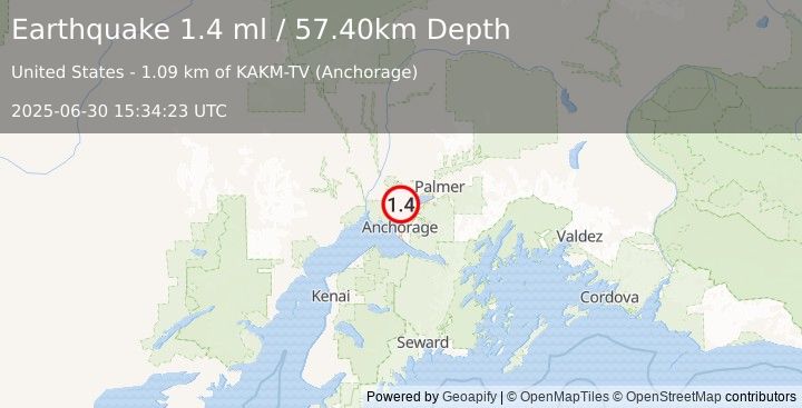 Earthquake 8 km WSW of Knik, Alaska (1.4 ml) (2025-06-30 15:34:23 UTC)