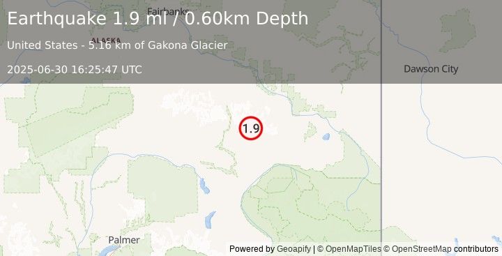 Earthquake 29 km ENE of Paxson, Alaska (1.9 ml) (2025-06-30 16:25:47 UTC)