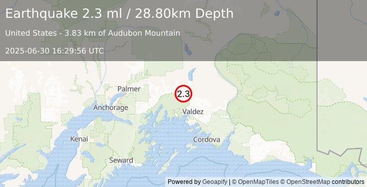 Earthquake 46 km NNW of Valdez, Alaska (2.3 ml) (2025-06-30 16:29:56 UTC)