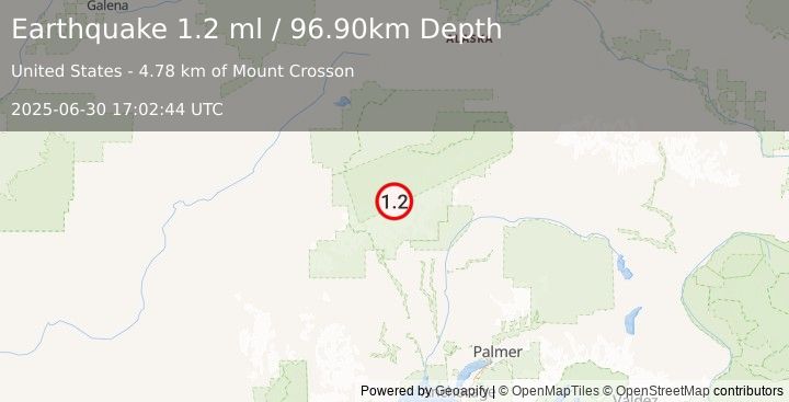 Earthquake 60 km NNW of Petersville, Alaska (1.2 ml) (2025-06-30 17:02:44 UTC)